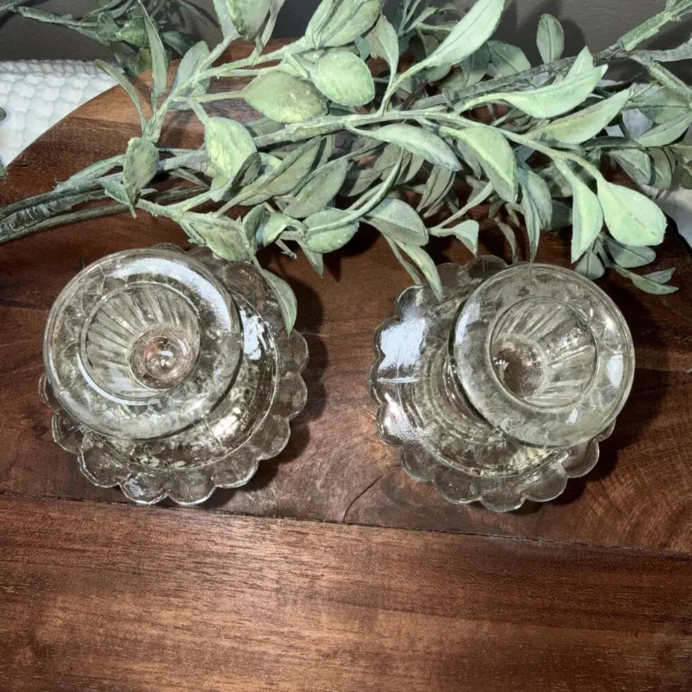 Vtg Cut Glass Reversible Candle Holders Pair Art Deco Style Crystal Look 4.5”